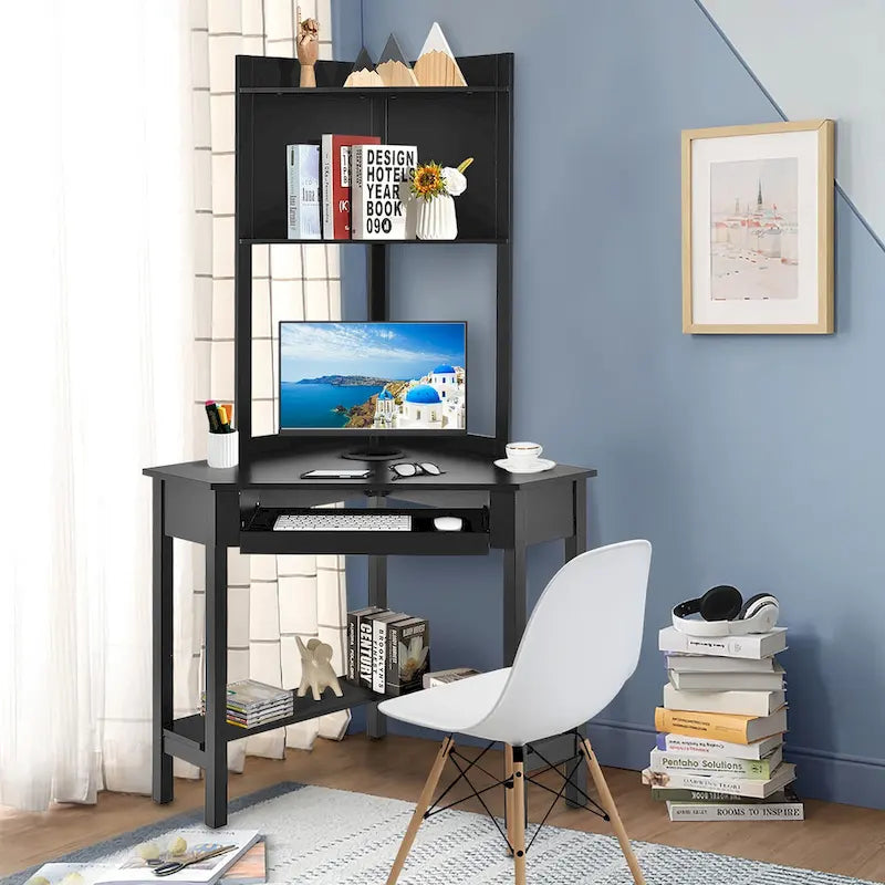 Corner Desk with Hutch Triangle Corner Computer Desk with Bookshelves