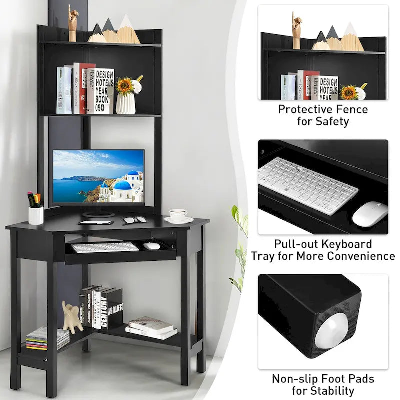 Scrivania angolare con libreria, Scrivania ad angolo triangolare per computer con scaffali