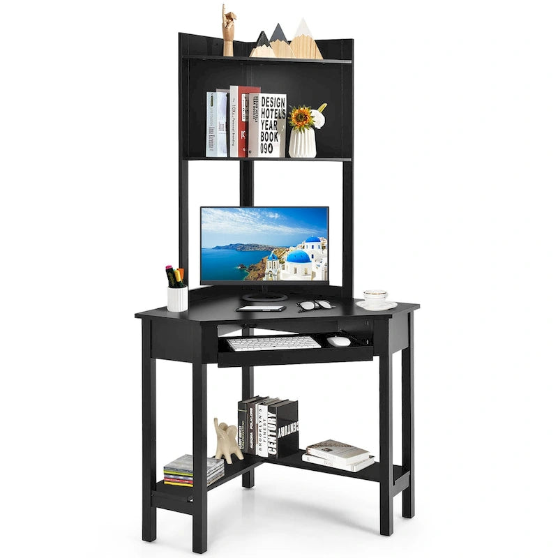 Scrivania angolare con libreria, Scrivania ad angolo triangolare per computer con scaffali