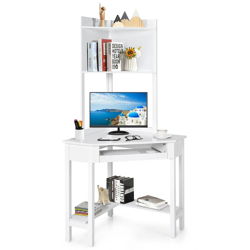 Scrivania angolare con libreria, Scrivania ad angolo triangolare per computer con scaffali