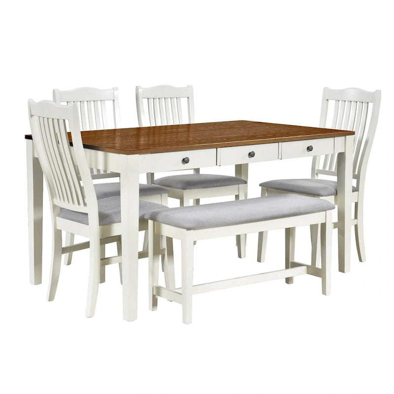 6-teiliges Esszimmer-Set aus Holz mit 4 Stühlen und Bank, Tisch mit Schublade