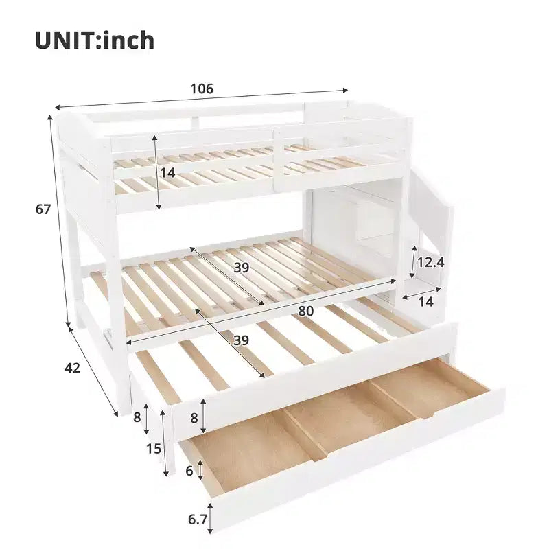 Estrutura de beliche Whisen Twin XL com cama auxiliar, beliche com arrumação, madeira maciça, escada com arrumação, roupeiro e 3 gavetas, para crianças
