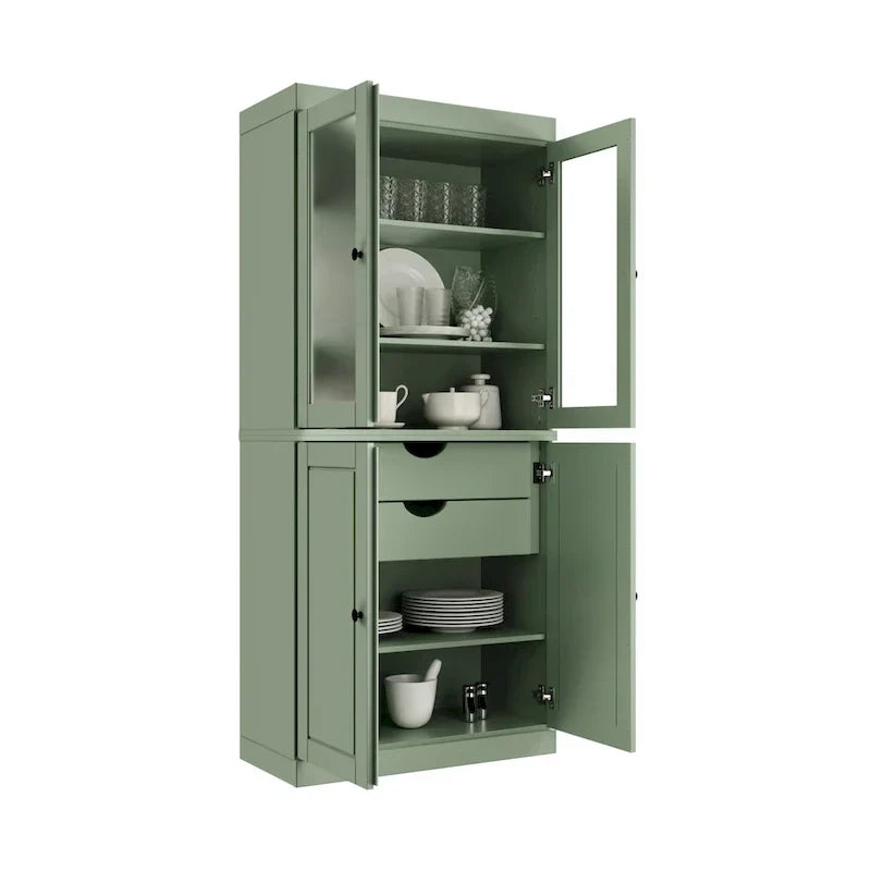 Dispensa in legno massello al 100% con ante in vetro satinato, ante piene, 2 cassetti e ripiani regolabili