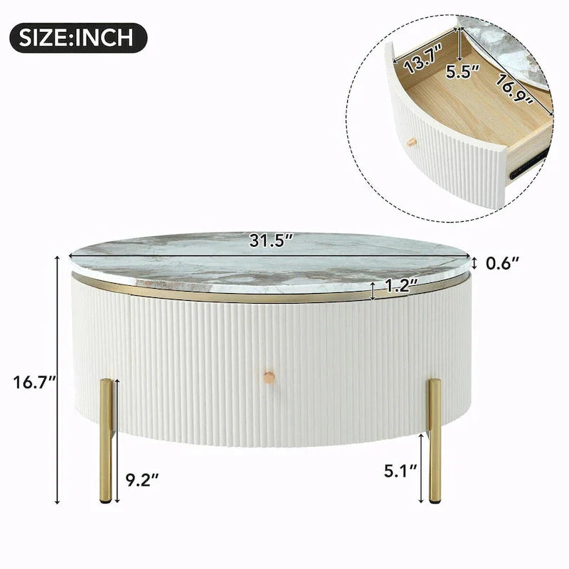 Table basse ronde moderne de 31,5 pouces avec grand espace de rangement dans le tiroir