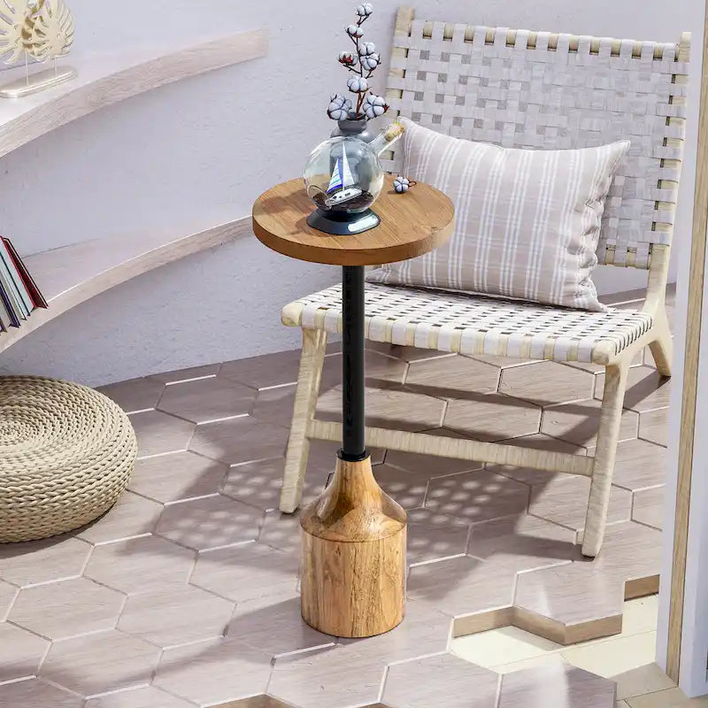 Farmhouse Pedestal End Table, Rustic Wood Round Martini Table for Small Spaces