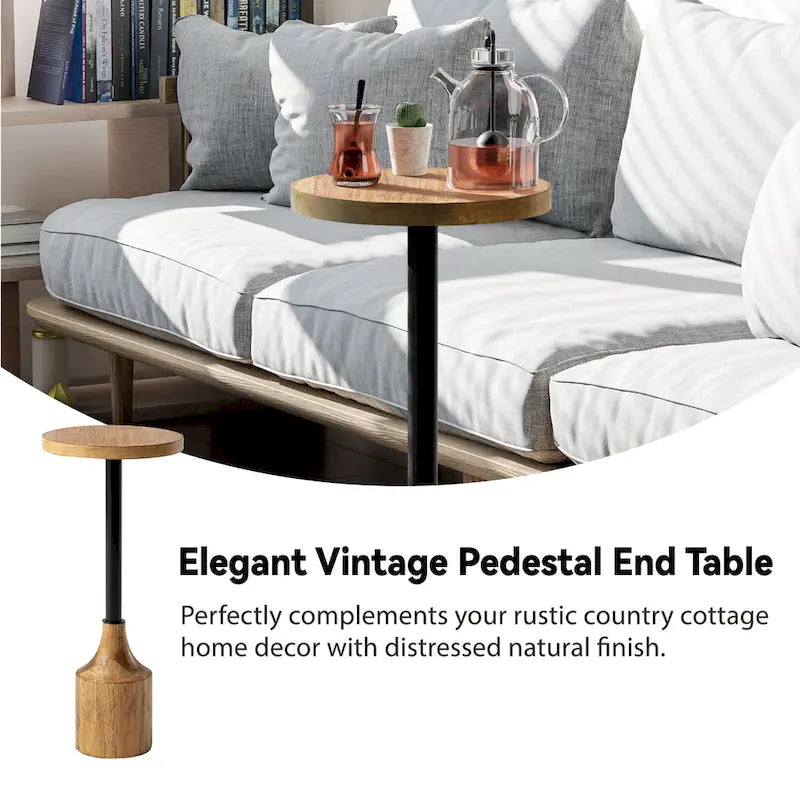 Farmhouse Pedestal End Table, Rustic Wood Round Martini Table for Small Spaces