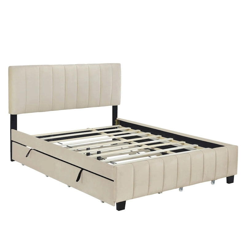 Queen Size Velvet Upholstered Platform Bed with 2 Drawers and Twin XL Trundle
