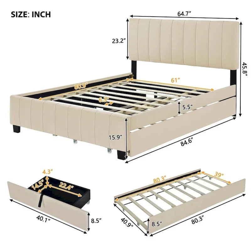 Queen Size Velvet Upholstered Platform Bed with 2 Drawers and Twin XL Trundle