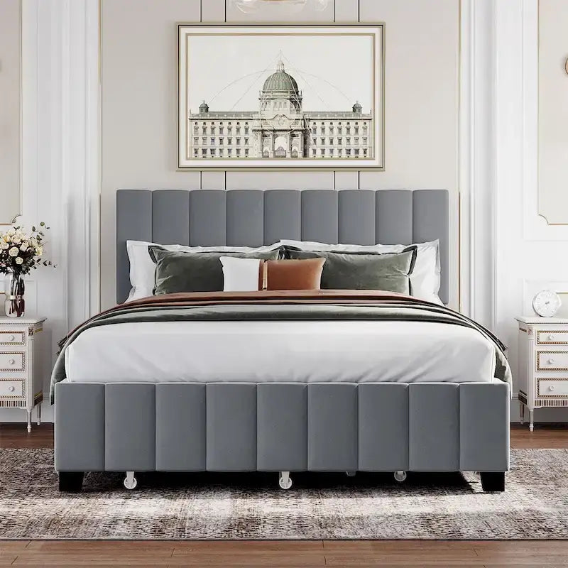 Queen Size Velvet Upholstered Platform Bed with 2 Drawers and Twin XL Trundle