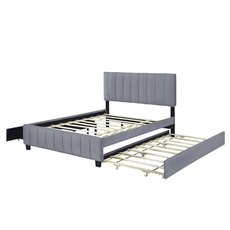 Queen Size Velvet Upholstered Platform Bed with 2 Drawers and Twin XL Trundle