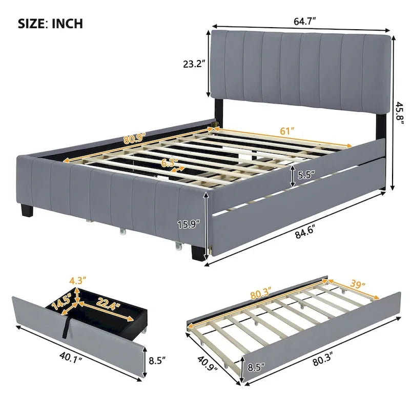 Queen Size Velvet Upholstered Platform Bed with 2 Drawers and Twin XL Trundle