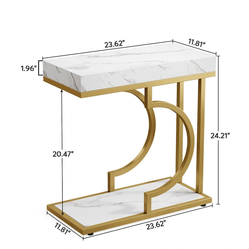 Narrow Side Table White Gold Side Table C Shaped End Table Modern Bedside Table Small Side Table for Couch Living Room
