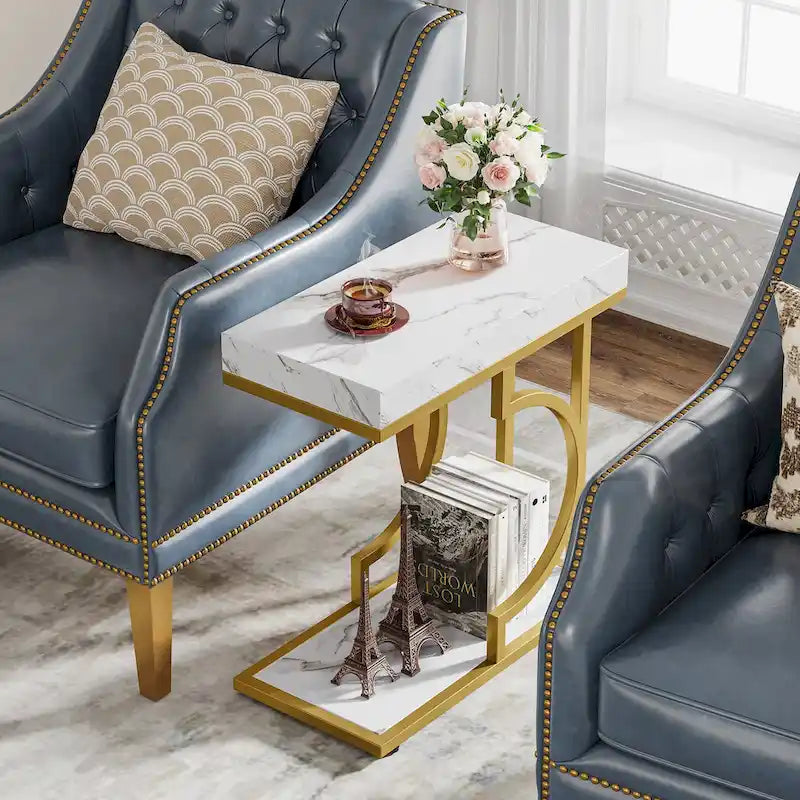 Narrow Side Table White Gold Side Table C Shaped End Table Modern Bedside Table Small Side Table for Couch Living Room