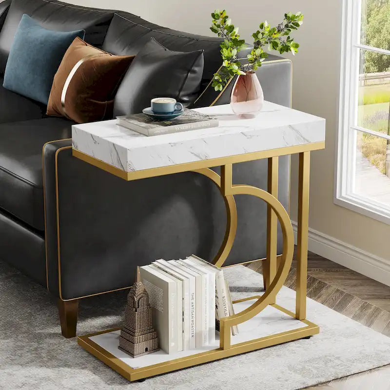 Narrow Side Table White Gold Side Table C Shaped End Table Modern Bedside Table Small Side Table for Couch Living Room