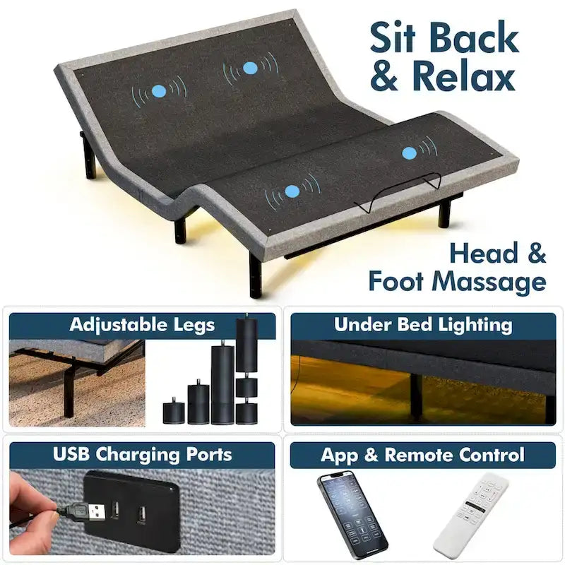 Adjustable Bed Frame with 12" Cooling Gel Memory Foam Mattress, Dual Massage, USB Ports, App & Remote