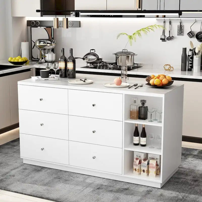 63W Kitchen Island White Storage Unit with Drawers and Cabinets - 63