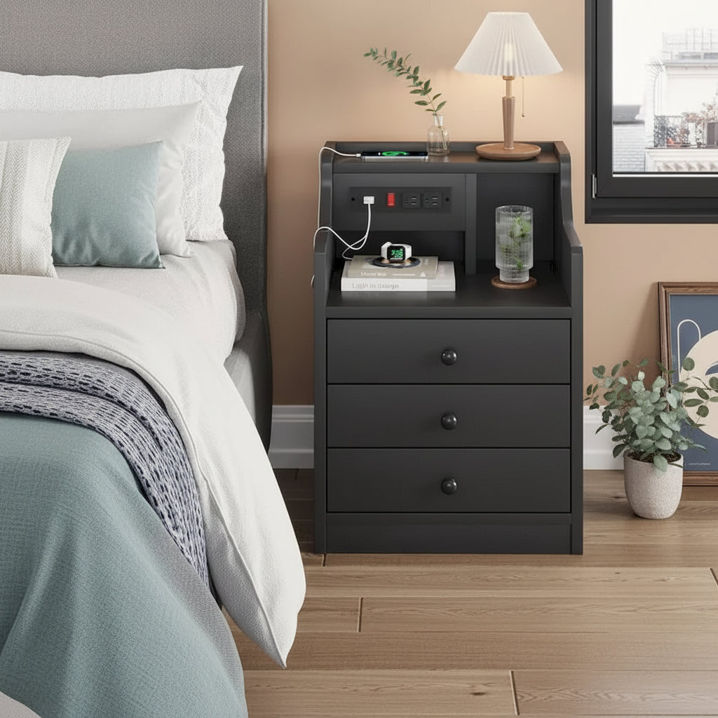 Nightstand End Table with Hutch 3 Storage Drawers Charging Station