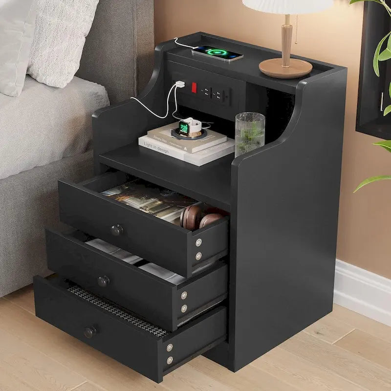 Table de chevet avec niche, 3 tiroirs de rangement et station de charge