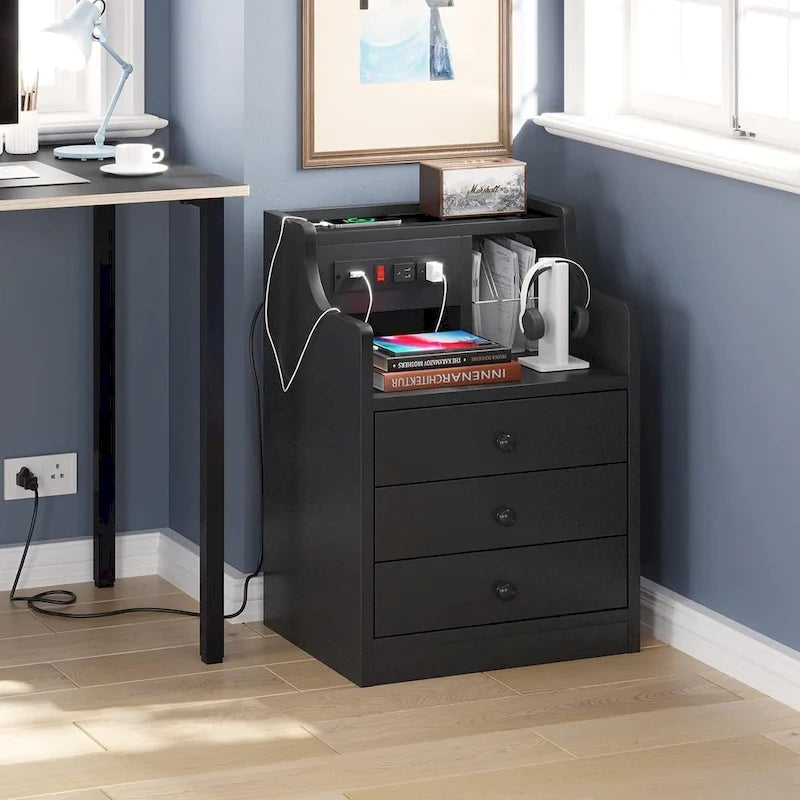 Table de chevet avec niche, 3 tiroirs de rangement et station de charge