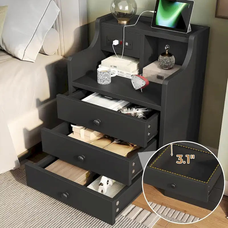 Nightstand End Table with Hutch 3 Storage Drawers Charging Station