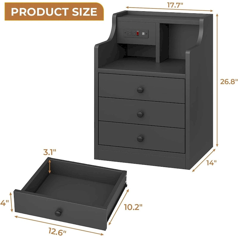 Nightstand End Table with Hutch 3 Storage Drawers Charging Station