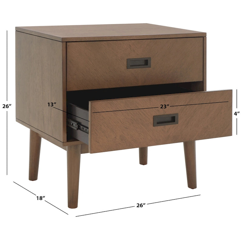 Comodino a 2 cassetti mid-century con motivo a spina di pesce