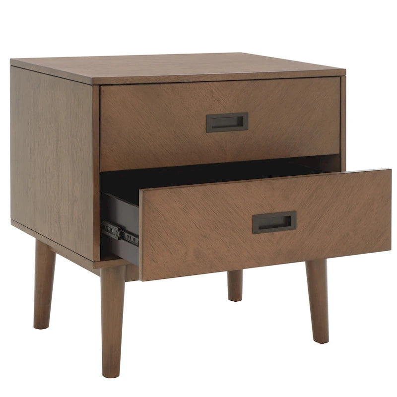 Comodino a 2 cassetti mid-century con motivo a spina di pesce