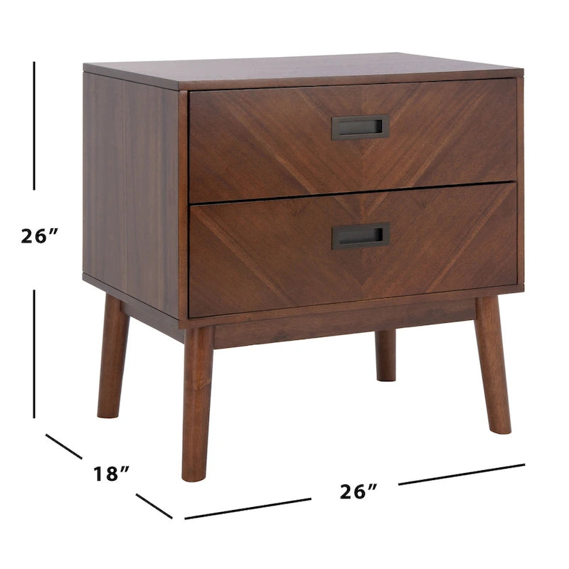 Comodino a 2 cassetti mid-century con motivo a spina di pesce