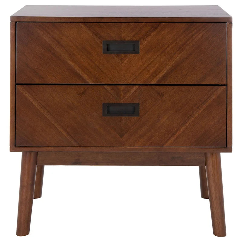 Comodino a 2 cassetti mid-century con motivo a spina di pesce