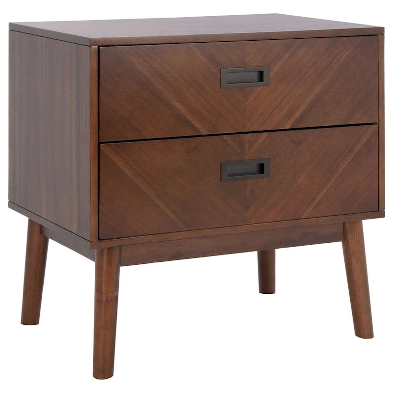 Comodino a 2 cassetti mid-century con motivo a spina di pesce
