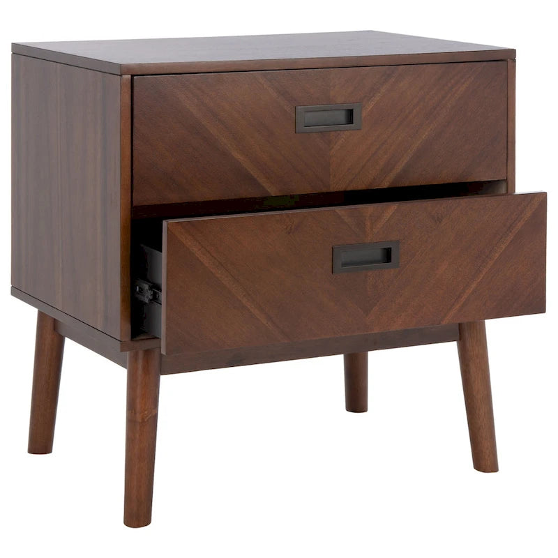 Comodino a 2 cassetti mid-century con motivo a spina di pesce