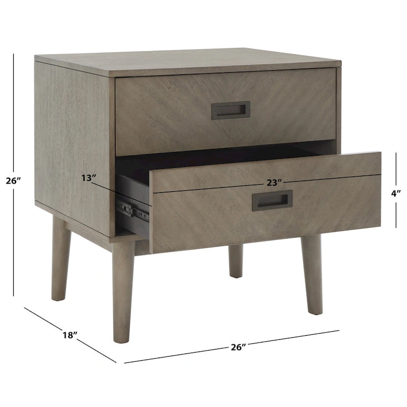 Comodino a 2 cassetti mid-century con motivo a spina di pesce