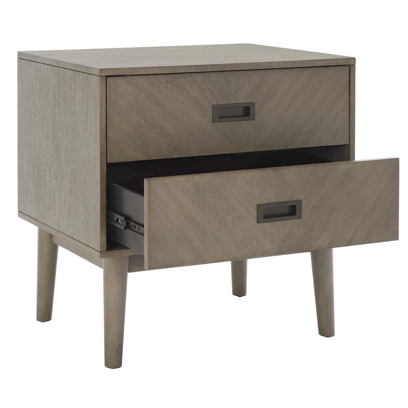 Comodino a 2 cassetti mid-century con motivo a spina di pesce