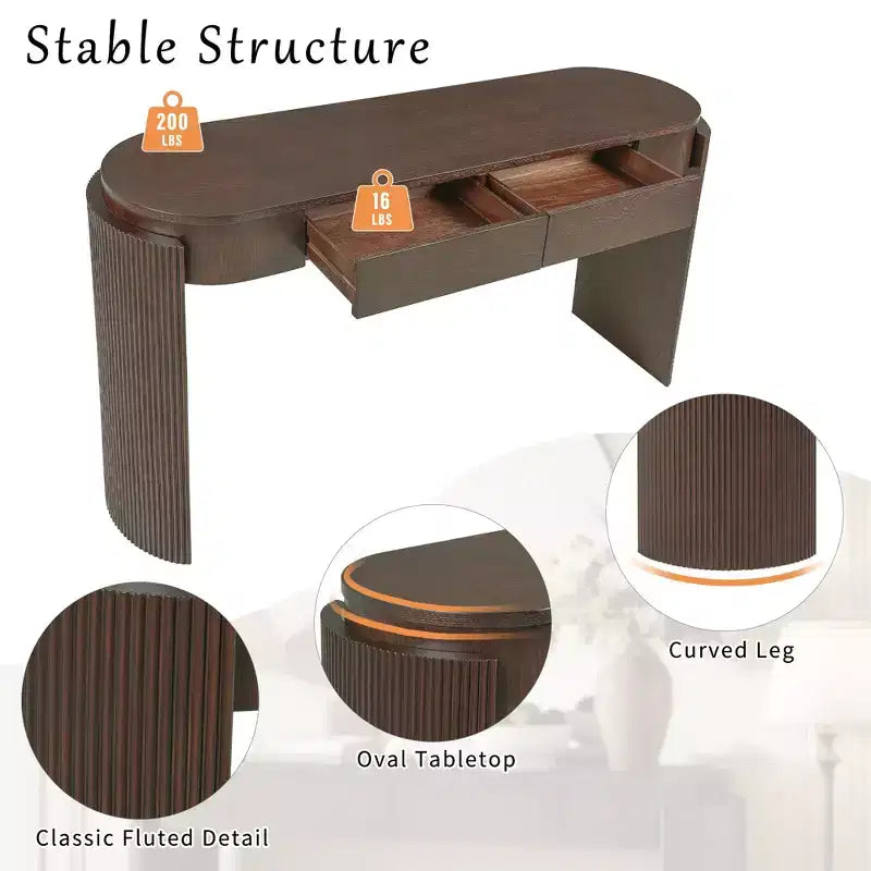 Mesa de consola moderna Merax com tampo oval e pernas curvas caneladas e duas gavetas ocultas
