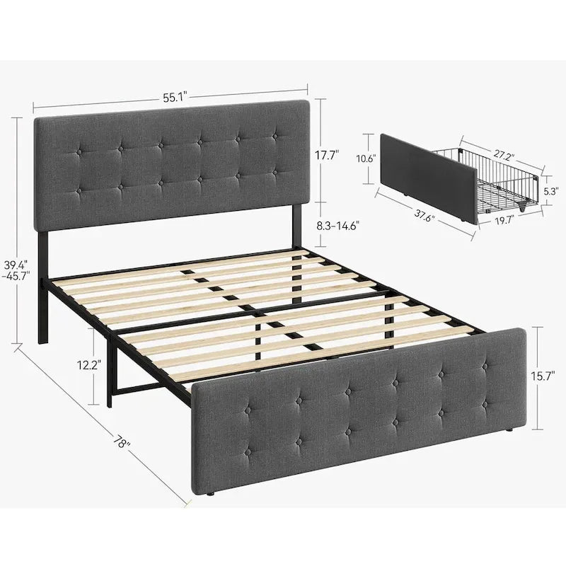 Letto imbottito con 4 cassetti e testiera regolabile