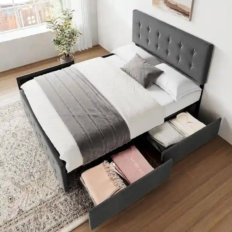 Letto imbottito con 4 cassetti e testiera regolabile