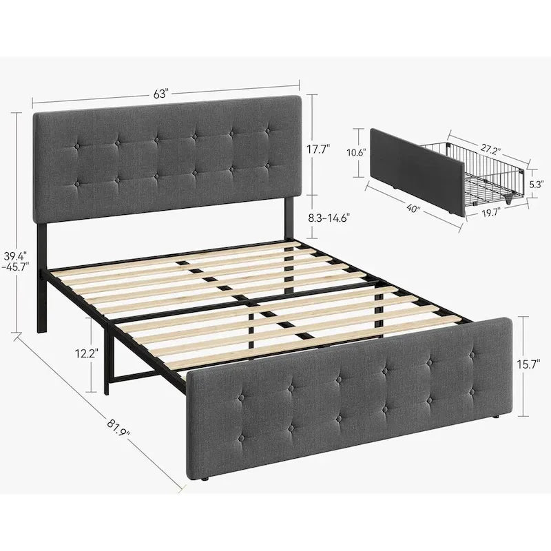 Letto imbottito con 4 cassetti e testiera regolabile