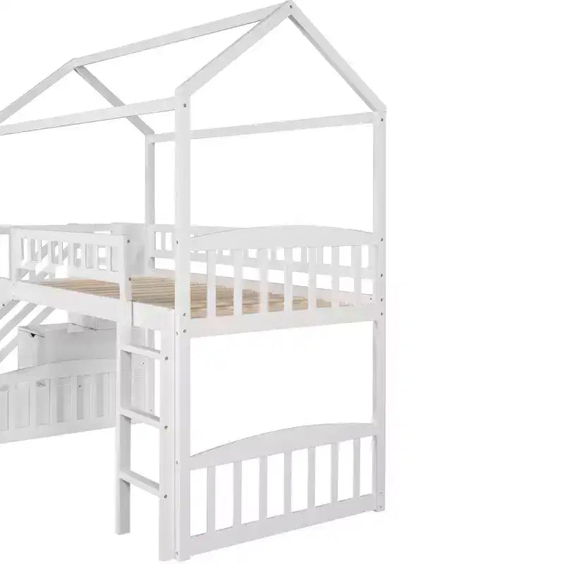 Cama alta tipo casa Twin com escorrega e escadas, cama alta com gavetas de arrumação, cama alta de madeira tipo cabana para crianças e bebés