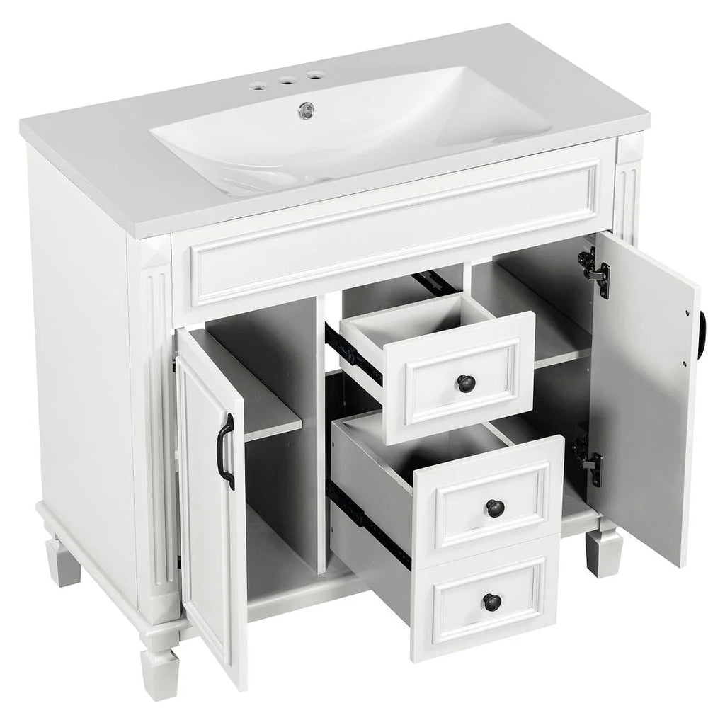 Moderne badkamermeubelset van 36 inch met wastafelblad, spiegelkast, 2 deuren en 2 laden