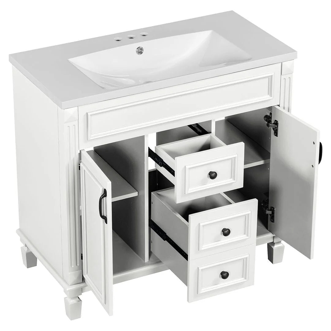 Moderne badkamermeubelset van 36 inch met wastafelblad, spiegelkast, 2 deuren en 2 laden