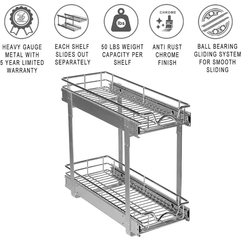 2-Tier Pull Out Cabinet Organizer, Heavy Duty Metal Anti-Rust Chrome Finish