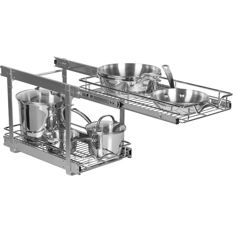 2-Tier Pull Out Cabinet Organizer, Heavy Duty Metal Anti-Rust Chrome Finish