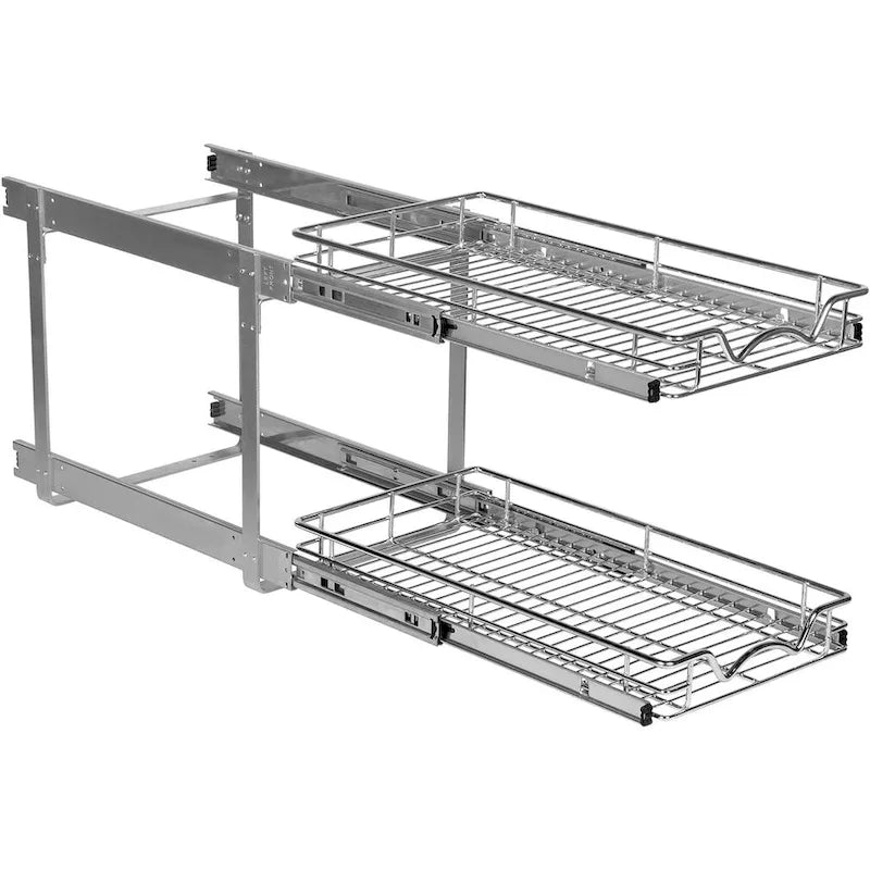 2-Tier Pull Out Cabinet Organizer, Heavy Duty Metal Anti-Rust Chrome Finish