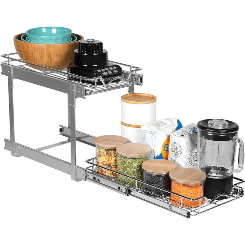 2-Tier Pull Out Cabinet Organizer, Heavy Duty Metal Anti-Rust Chrome Finish
