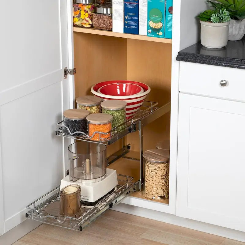 2-Tier Pull Out Cabinet Organizer, Heavy Duty Metal Anti-Rust Chrome Finish
