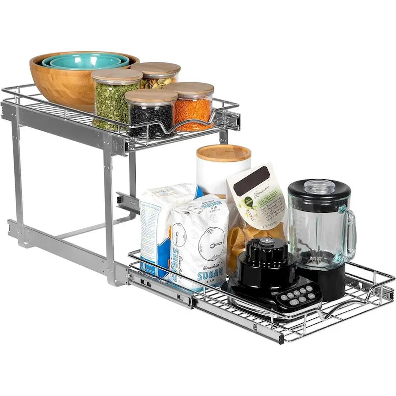 2-Tier Pull Out Cabinet Organizer, Heavy Duty Metal Anti-Rust Chrome Finish