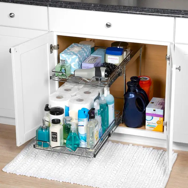2-Tier Pull Out Cabinet Organizer, Heavy Duty Metal Anti-Rust Chrome Finish