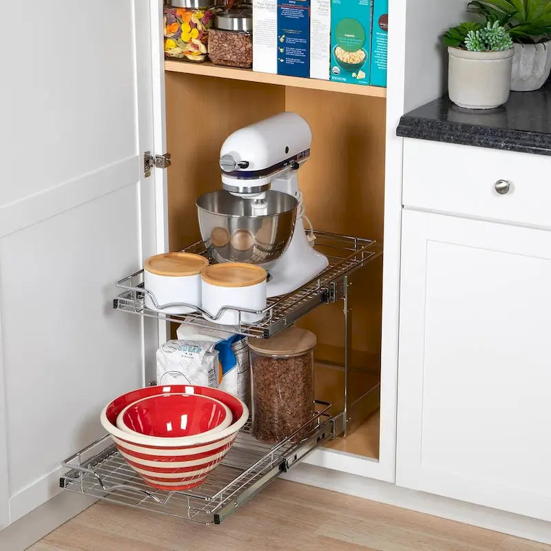 2-Tier Pull Out Cabinet Organizer, Heavy Duty Metal Anti-Rust Chrome Finish