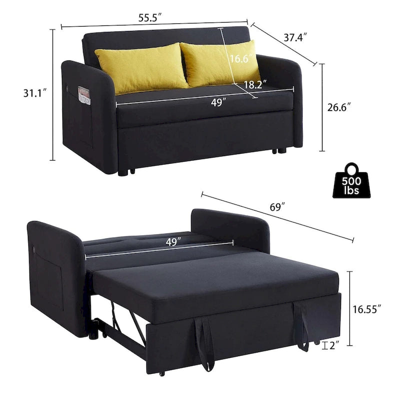Pull Out Couch Convertible Loveseat Sleeper Sofa Bed with USB