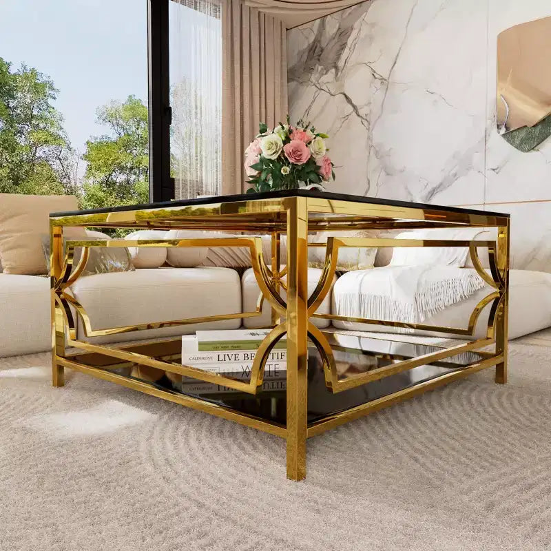 Mesa de centro quadrada Merax com tampo de vidro preto ou transparente e prateleira de exposição de dois níveis